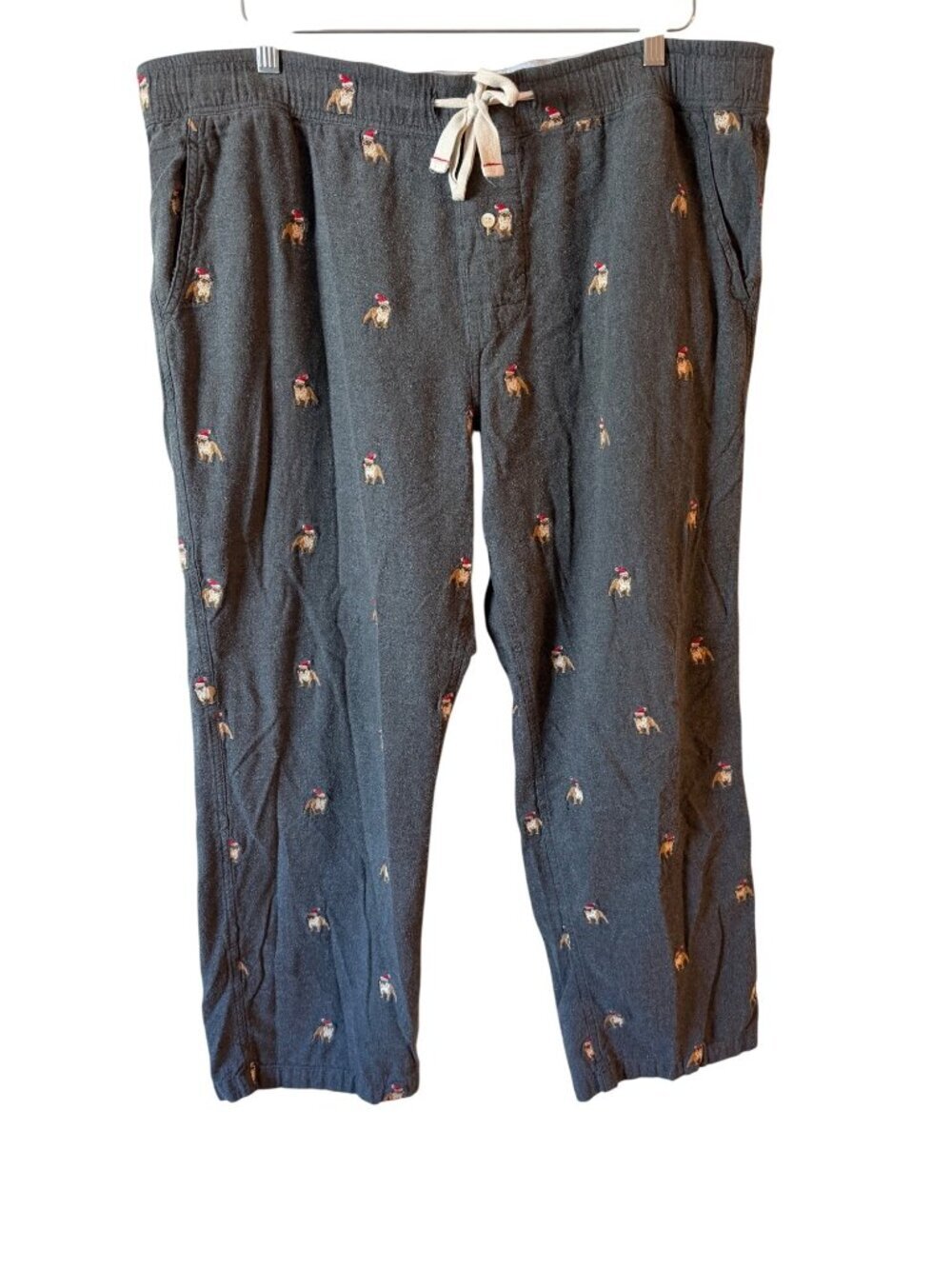 J. Crew Mens Gray Flannel Pajama Pants With Embroidered Dogs In Santa Hats Size